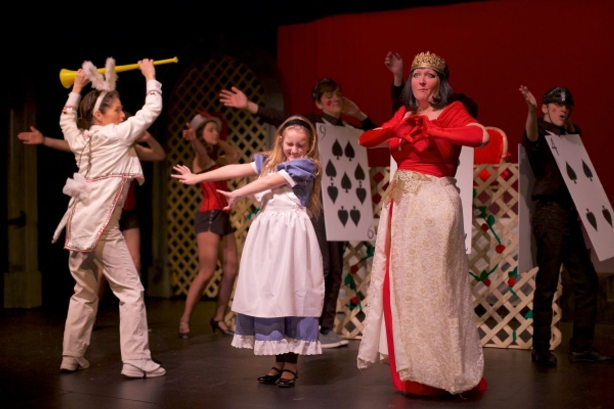 Susan Abrams (back to us) as The White Rabbit, Faith Flanagan, and Missy Hanlon as the Queen of Hearts at 