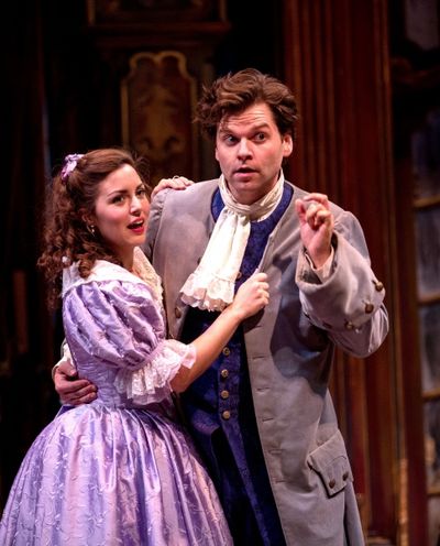 The young lovers Isabelle (Emily Peterson) and Eraste (Nate Burger) seek Geronte''s i Photo