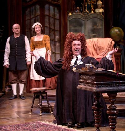 The diminutive lawyer Scruple (Patrick Kerr) is exasperated in penning Geronte''s wil Photo