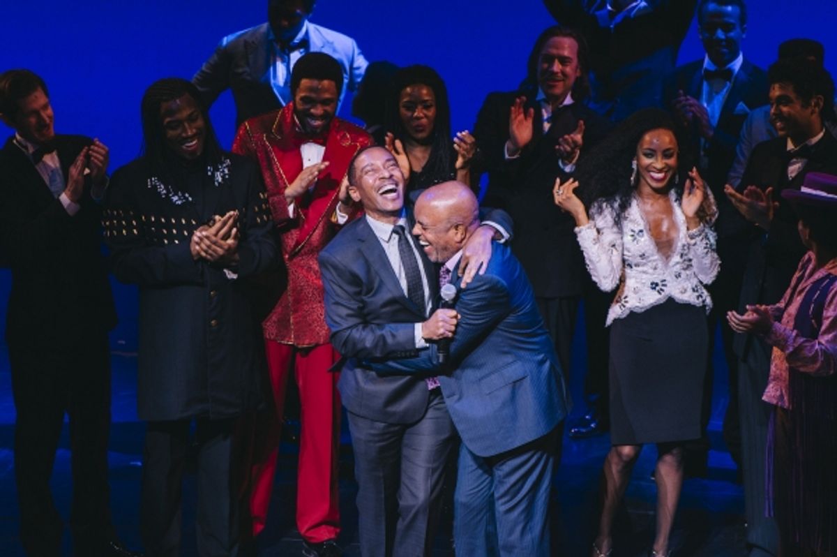 Charles Randpolph-Wright and Berry Gordy (center) with the cast of MOTOWN THE MUSICAL during curtain call at 