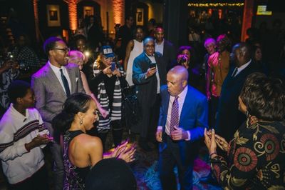 Berry Gordy dancing with the of MOTOWN THE MUSICAL Photo