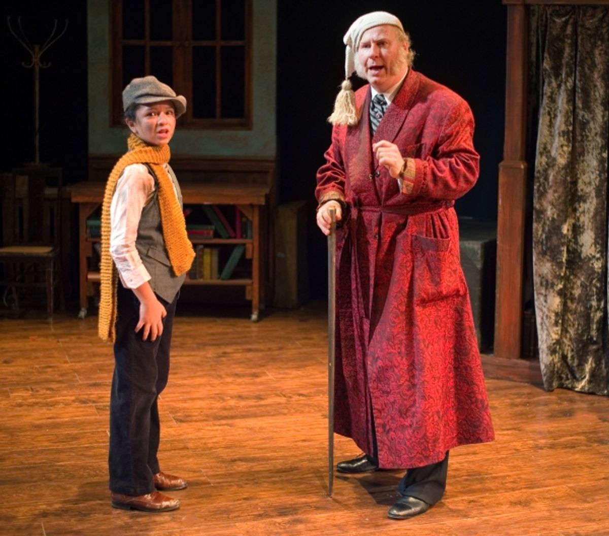 Sophia Fiallo as Grubbin & Michael Selkirk as Ebenezer Scrooge. at 