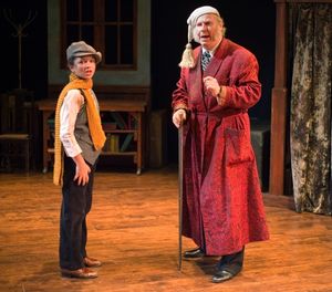 Sophia Fiallo as Grubbin & Michael Selkirk as Ebenezer Scrooge. Photo