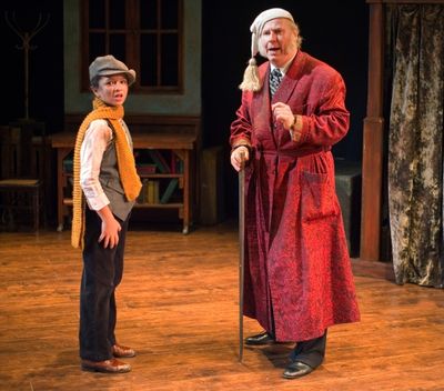 Sophia Fiallo as Grubbin & Michael Selkirk as Ebenezer Scrooge. Photo