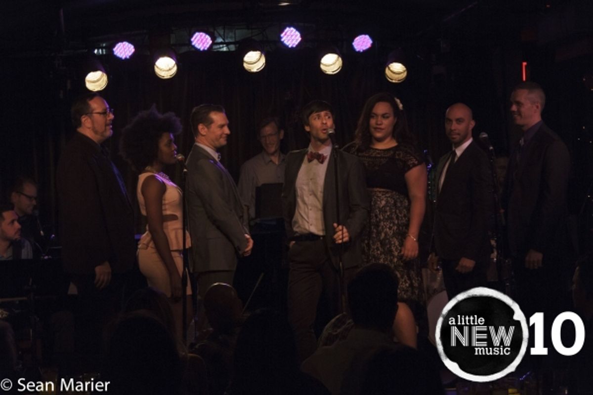 Members of the ALNM producing team sing the opening number: (left to right) Bryan Blaskie on piano, Mitchell Glaser, Katherine Washington, Peter Welkin, Christopher Maikish, Katie Porter, Kila Packett and Luke Klipp. Photo by Sean Marier / 389 Photography at 