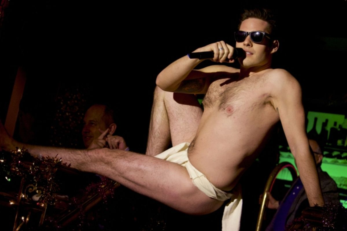 Bill Coyne as the Sweet Baby Jesus, with a terrified audience member at 