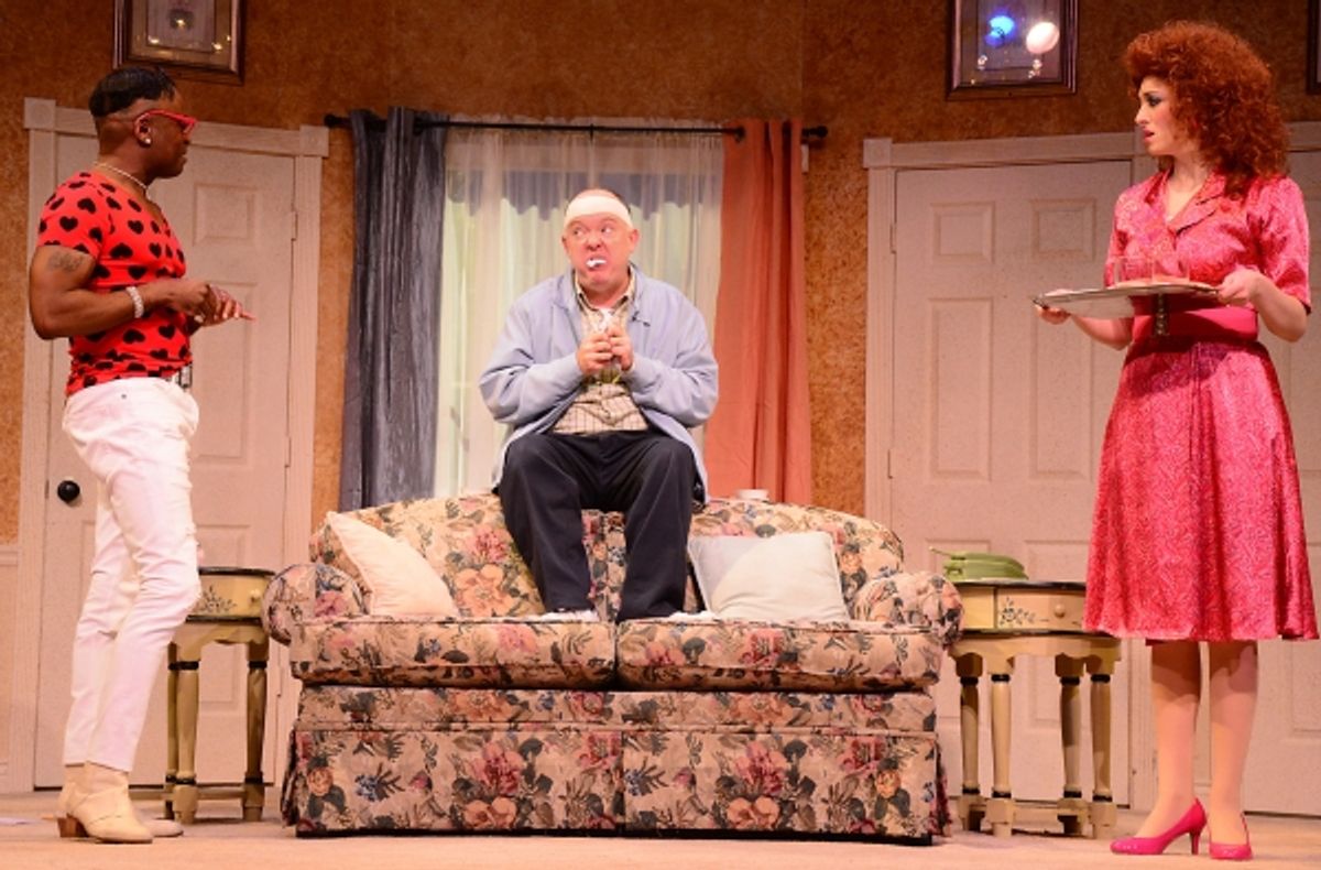 Bobby Franklyn (Sean Blake), left, asks John Smith (Eddie Curry), center, if he''s interrupting anything as John chews a piece of the newspaper he''s been eating while his puzzled wife Barbara (Erin Cohenour) looks on. at 