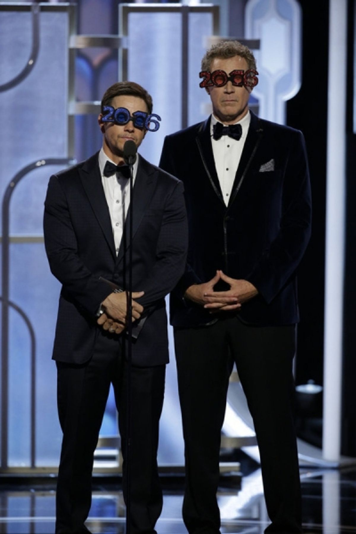 73rd ANNUAL GOLDEN GLOBE AWARDS -- Pictured: (l-r) Mark Wahlberg, Will Ferrell, Presenters at the 73rd Annual Golden Globe Awards held at the Beverly Hilton Hotel on January 10, 2016 -- (Photo by: Paul Drinkwater/NBC) at 