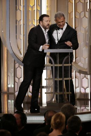 73rd ANNUAL GOLDEN GLOBE AWARDS -- Pictured: (l-r) Ricky Gervais, Host; Mel Gibson, Presenter at the 73rd Annual Golden Globe Awards held at the Beverly Hilton Hotel on January 10, 2016 -- (Photo by: Paul Drinkwater/NBC) @ BroadwayWorld 73rd ANNUAL GOLDEN GLOBE AWARDS -- Pictured: (l-r) Ricky Gervais, Host; Mel Gibson, P Photo