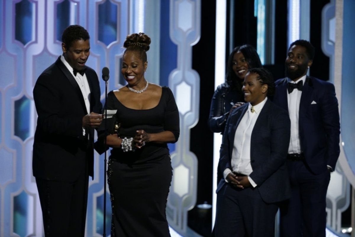73rd ANNUAL GOLDEN GLOBE AWARDS -- Pictured: Denzel Washington and Family, Winner, Cecil B. Demille Award at the 73rd Annual Golden Globe Awards held at the Beverly Hilton Hotel on January 10, 2016 -- (Photo by: Paul Drinkwater/NBC) at 