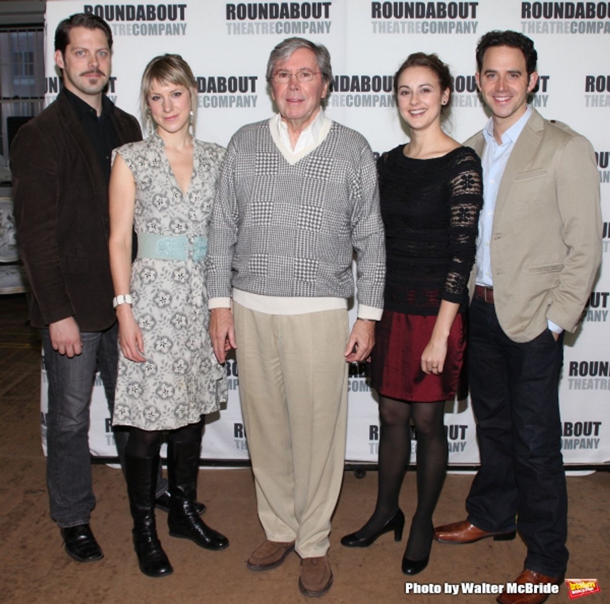Actor David Furr, actress Charlotte Parry, actor Brian Bedford, actress Sara Topham and actor Santino Fontana.attends the Meet & Greet the cast of the Roundabout Theatre Company''s Broadway Production of ''The Importance of Being Earnest''  in New York Ci at 