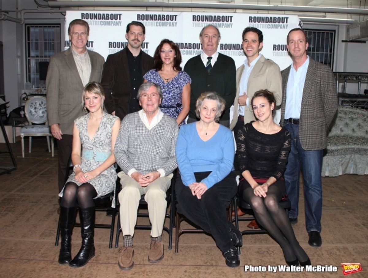 First Row: actress Charlotte Parry, actor Brian Bedford, actress Dana Ivey, actress Sara Topham, 2nd Row: actor Paul O''Brien, actor David Furr, actress Sandra Shipley, actor Paxton Whitehead, actor Santino Fontana and actor Tim McDonaldattends the Meet & at 