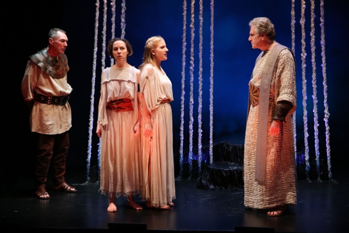 Colin Lane as the Guard, Rebekah Brockman as Antigone, Katie Fabel as Ismene, and Paul O''Brien as Creon at 