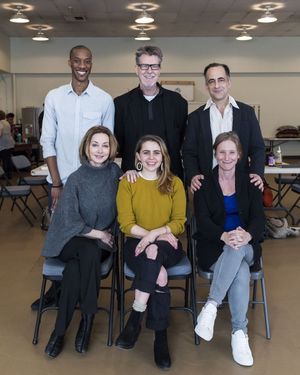 (back row) York Walker, Robert Egan and David Pittu; (front row) Sharon Lawrence, Mae Photo