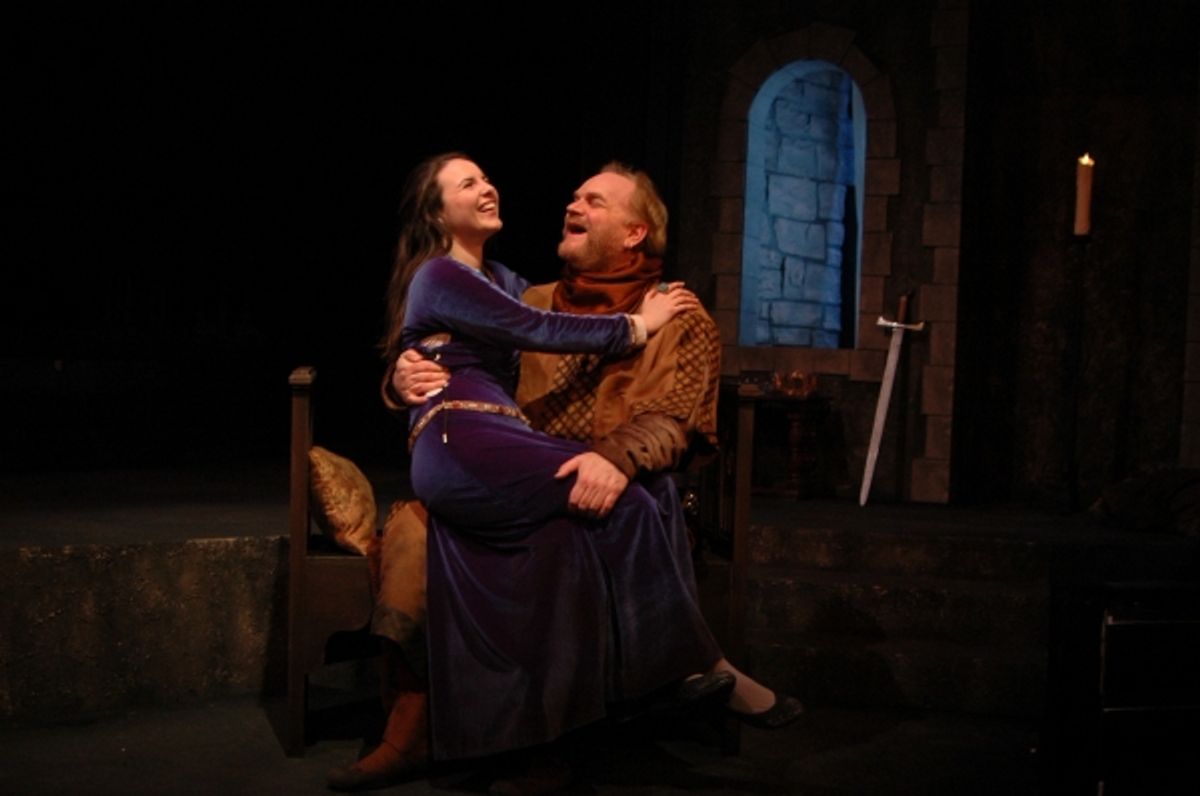 Emma Vescovo as the determined Alais has a flirtatious moment with Charles K. Hodges portraying King Henry II in The Lion in Winter at Theatre Memphis on the Lohrey Stage, January 22 - February 7, 2106. at 