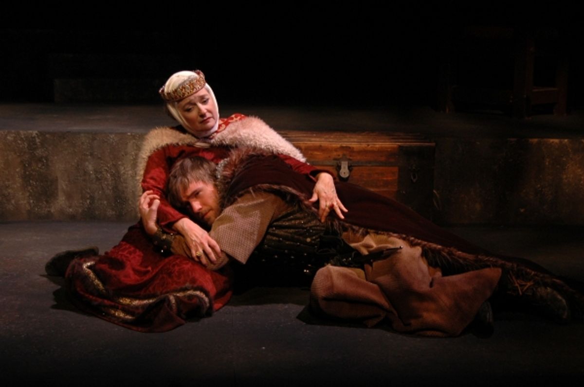 Christina Wellford Scott as Queen Eleanor of Aquitaine comforts Gabe Beutal-Gunn portraying her son Richard, in The Lion in Winter at Theatre Memphis on the Lohrey Stage, January 22 - February 7, 2106. at 