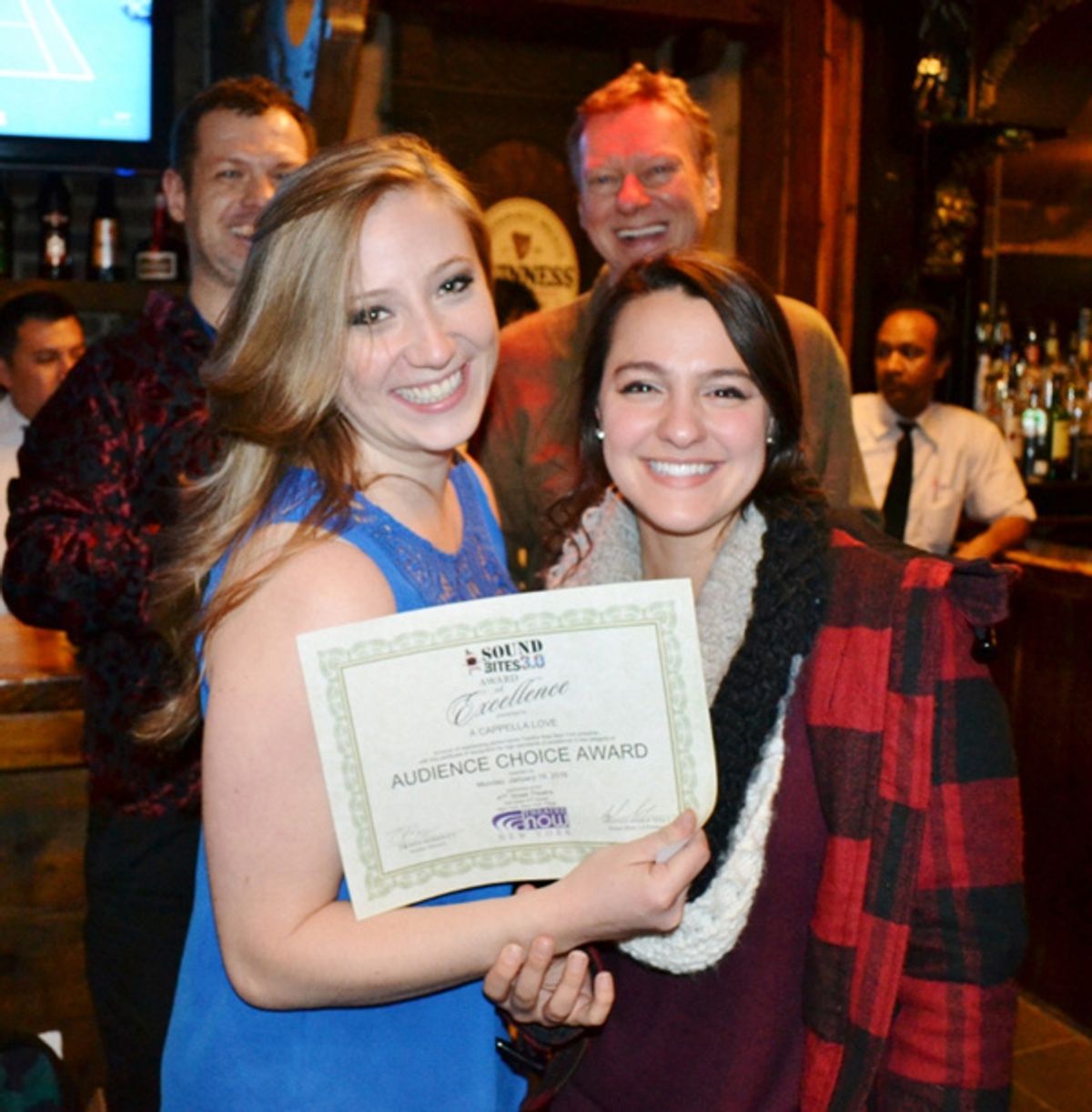 Haley Clair and Deanna Giulietti accept the Audience Choice Award for A CAPPELLA LOVE (music by Nelson Kole, lyrics by Mark Browning Milner, book by Mark Browning Milner, Lorrie Kole and Nelson Kole) at 