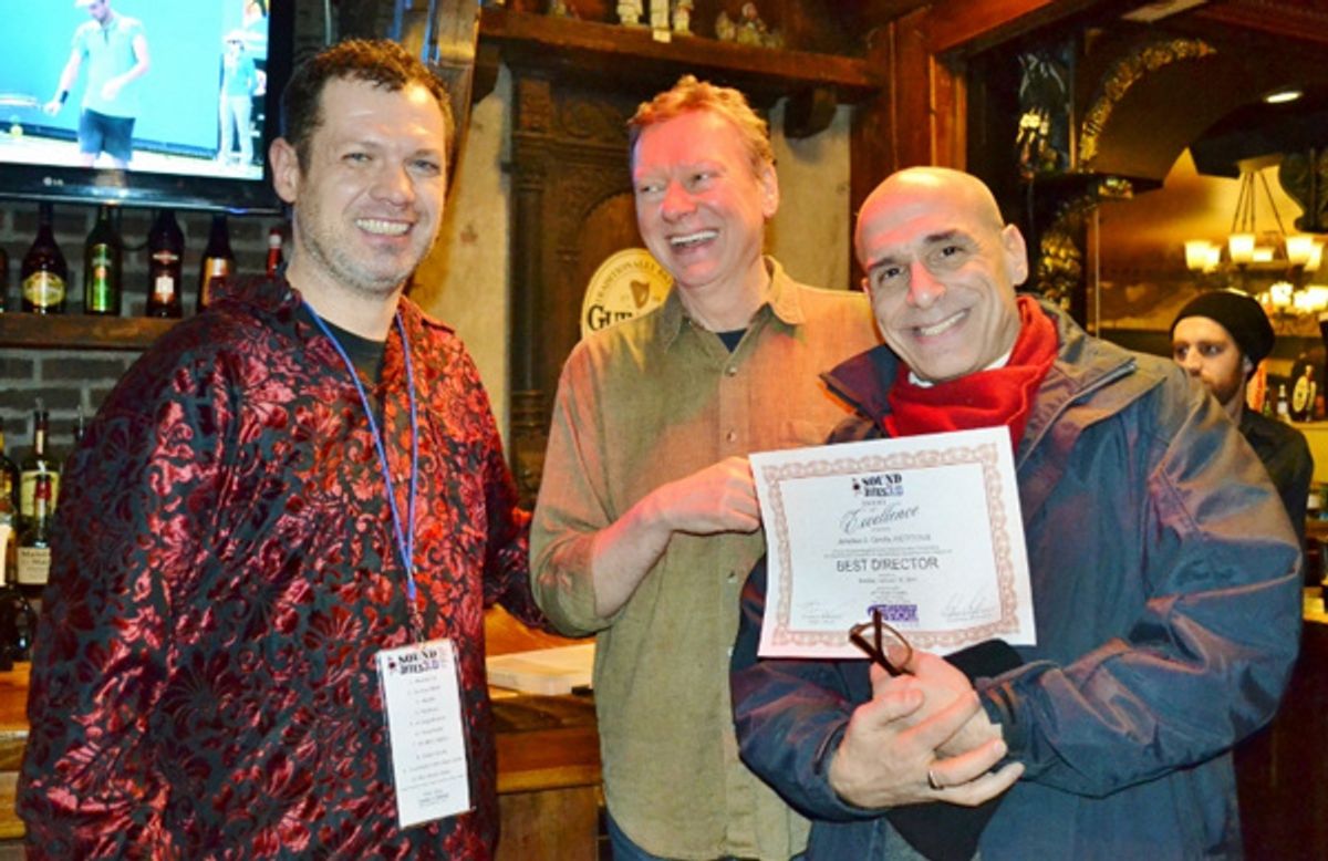 Jonathan S Cerullo, winner: Best Direction for FICTITIOUS (book, music, and lyrics by Tom Hyndman and Paul Cozby), Thomas Morrissey (Artistic , TNNY), Stephen Bishop Seely (Producer, Sound Bites Festival) at 