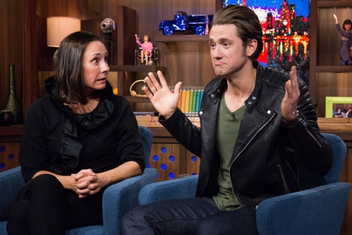 WATCH WHAT HAPPENS LIVE -- Episode 13015 -- Pictured: (l-r) Laurie Metcalf, Aaron Tveit -- (Photo by: Charles Sykes/Bravo) at 