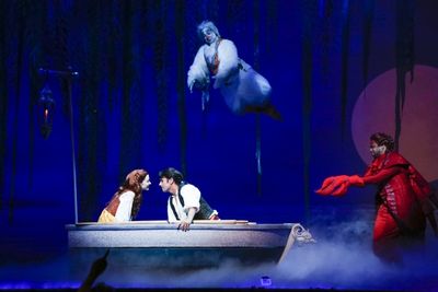 Alison Woods as Ariel, Eric Kunze as Prince Eric, Jamie Torcellini as Scuttle and Mel Photo