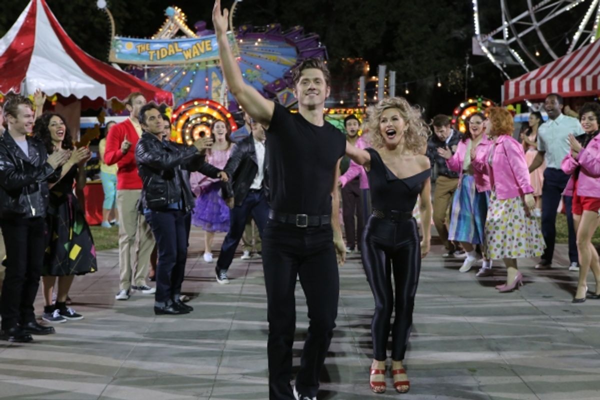 GREASE: LIVE: (L-R) Aaron Tveit and Julianne Hough rehearse for GREASE: LIVE airing LIVE Sunday, Jan. 31, 2016 (7:00-10:00 PM ET live/PT tape-delayed), on FOX. Â© 2016 Fox Broadcasting CO. Cr: Kevin Estrada/FOX at 