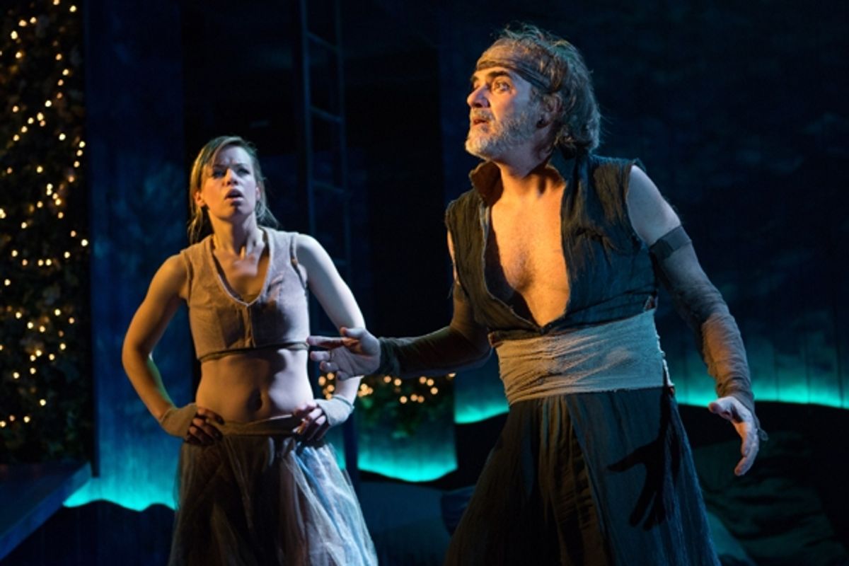 Puck (Erin Weaver) listening carefully to Oberonâ€s (Eric Hissom) mischievous plans in Shakespeareâ€s A Midsummer Nightâ€s Dream. at 