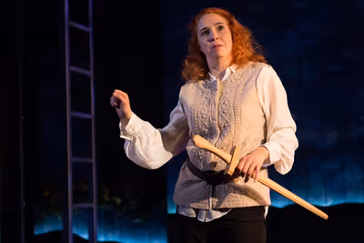 Bottom (Holly Twyford) rehearses for her role as Pyramus in Shakespeareâ€s A Midsu Photo