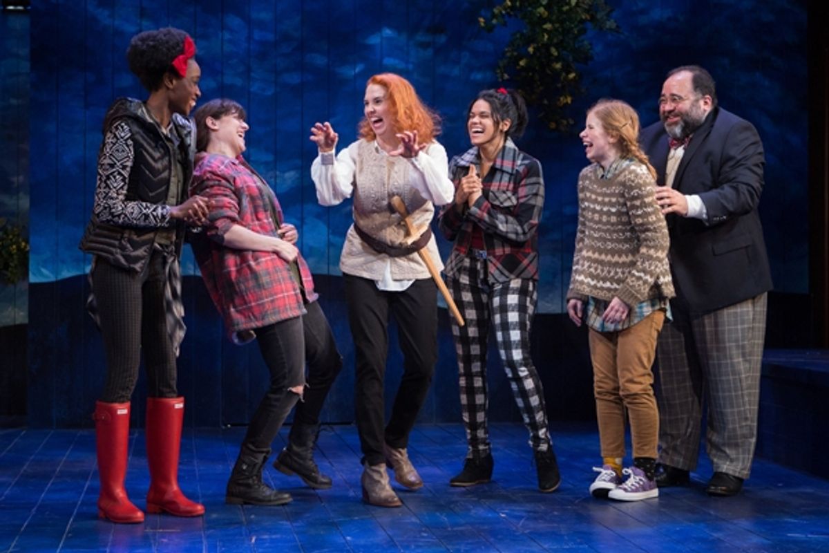Bottom (Holly Twyford, center) explains her â€"most rare visionâ€' to her acting troupe (l to r: Monique Robinson, Dani Stoller, Justina Adorno, Megan Graves, Richard Ruiz). at 