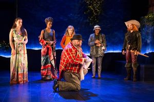 Peter Quince (Richard Ruiz) hams up the stage, leaving his cast (l to r: Dani Stoller, Monique Robinson, Megan Graves, Justina Adorno, Holly Twyford) somewhat perplexed. @ BroadwayWorld Peter Quince (Richard Ruiz) hams up the stage, leaving his cast (l to r: Dani Stoller Photo