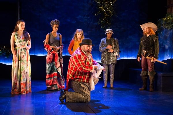 Peter Quince (Richard Ruiz) hams up the stage, leaving his cast (l to r: Dani Stoller Photo