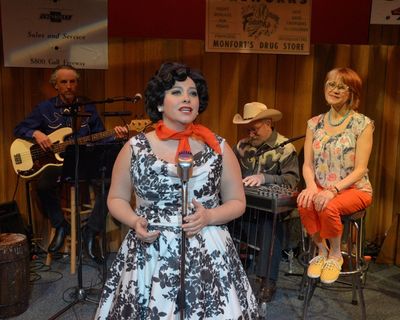 Erin McCracken as Patsy Cline with band members and Susann Fletcher as Louise Seger Photo