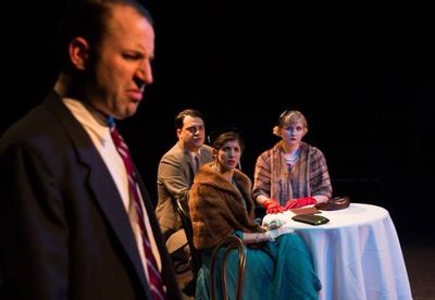 TIM SAMLAND (Biff), GABE HACKER (Happy), VIVIAN BETTONI (Miss Forsythe) and KIRA ZINC Photo