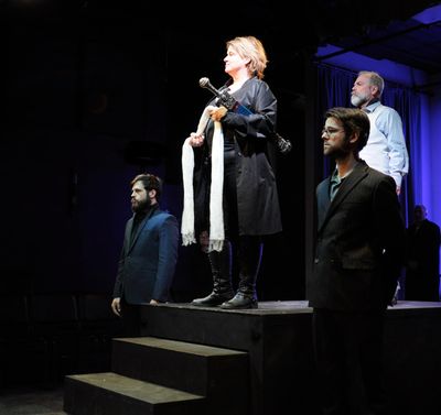 Rico Lanni as Saturninus, Rae Mancini as Titus Andronicus, Dillon Medina as Bassianus Photo