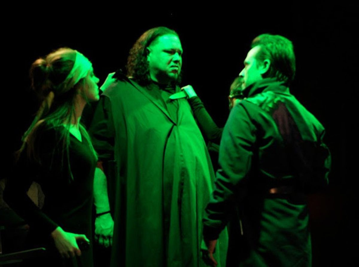 Julia Bartoletti as Chorus, Jason Quinn as Aaron, and Aaron Morris as Lucius at 