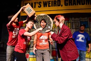 Barrel of Monkeys' company members Nick Hart, Emily Marso, Michelle Alba, Elisa Carlson and Linsey Falls perform 'The Kid in the Donut Suit' @ BroadwayWorld Barrel of Monkeys' company members Nick Hart, Emily Marso, Michelle Alba, Elisa Carls Photo