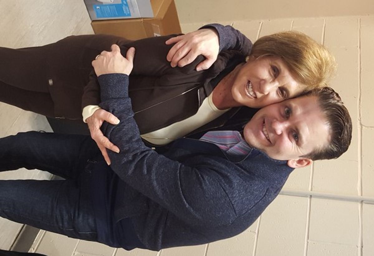 CAGNEY producer Riki Kane Larimer gets a big hug from her star Robert Creighton.  at 