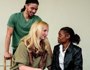 Delia Kropp (center) plays poet Ondi Rivers, pictured with her wife Clem (Katurah Nelson) and their son Ben (Averis I. Anderson) @ BroadwayWorld Delia Kropp (center) plays poet Ondi Rivers, pictured with her wife Clem (Katurah Nel Photo