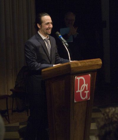 Lin-Manuel Miranda accepting the Frederick Lowew Award at the Dramatists Guild 2016 A Photo