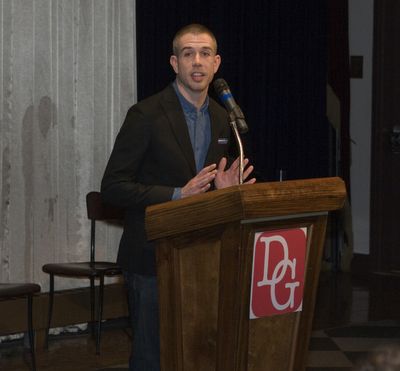 Stephen Karam accepting the first Horton Foote Playwright award at the Dramatists Gui Photo