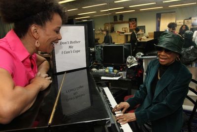 Micki Grant accompanies Debra Walton at rehearsal. Photo