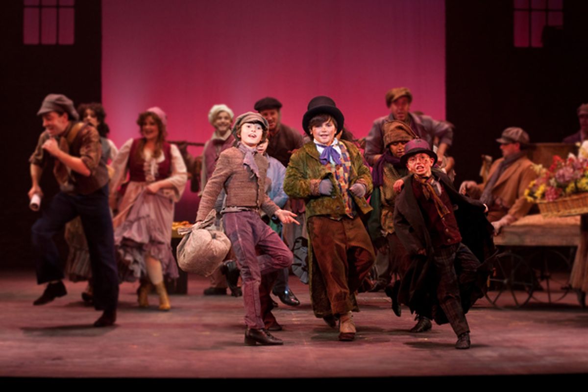 Gregory Smith, Brandon O'Rourke, Troy Woodcroft, Tony Lawton, Freddie Kimmel and the ensemble in the Walnut Street production of OLIVER! at 