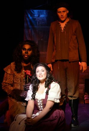 Beauty (Kaitlyn Baldwin) tries to choose between her Papa (Eric Fletcher) and the Beast (Jonathan Rion Bethea) @ BroadwayWorld Beauty (Kaitlyn Baldwin) tries to choose between her Papa (Eric Fletcher) and the Bea Photo