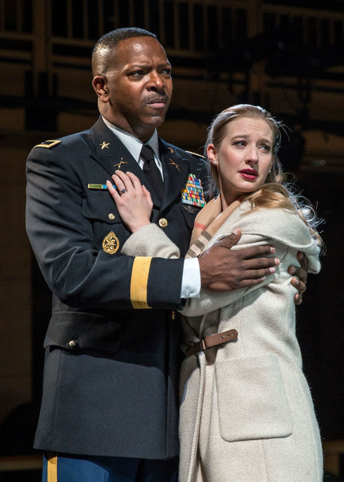 Othello (James Vincent Meredith) clings tightly to his bride Desdemona (Bethany Jillard) after her father disowns her. at 