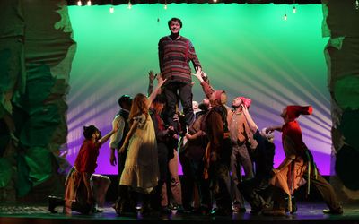 The full cast of PETER AND THE STARCATCHER, with Jeremiah Parker Hobbs (center) as '' Photo