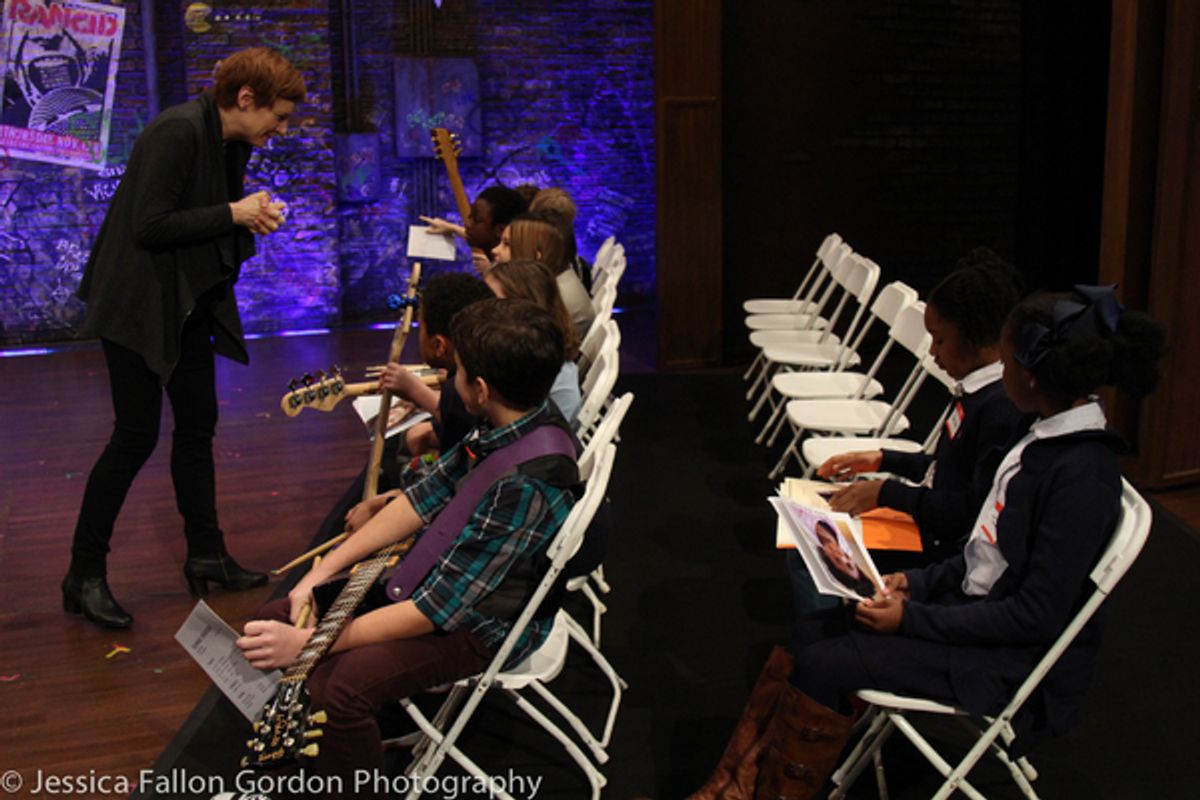 Tara Rubin speaks with some School of Rock auditionees at 
