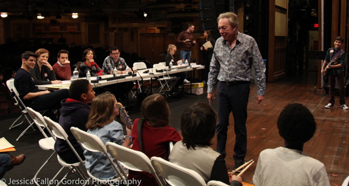 Andrew Lloyd Webber speaks with some School of Rock auditionees at 