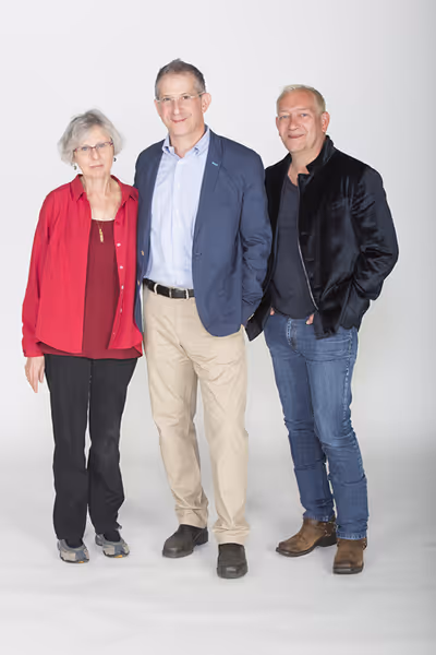 Book writer Sybille Pearson,  Barry Edelstein, and composer and lyricist Michael John Photo