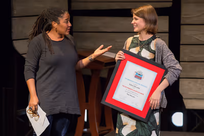  Lynn Nottage presents Sarah DeLappe with the 2015 Relentless Award Photo