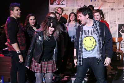 (front) Sarah Porter as Whatsername and Evan Fornachon as Johnny with the cast of New Photo
