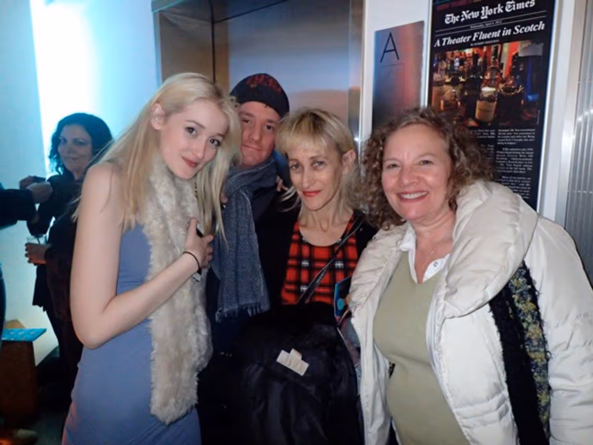 Gus Birney (left) celebrates the CONNECTED opening night at 59E59's E:Bar with her brother Ephraim Birney, her mother Constance Schulman, and friend Jody Prusan at 